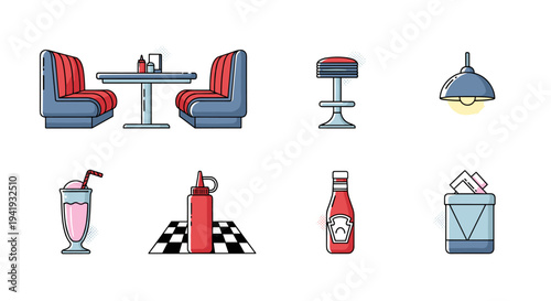 Retro diner elements with booth, bar stool, soda fountain, and lamp in flat style