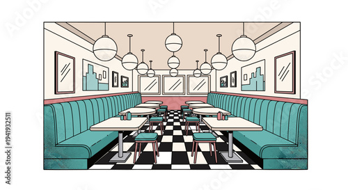 Retro diner interior with checkered floor and teal booths in a vintage style