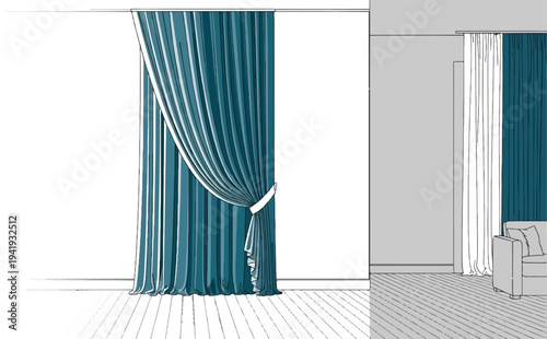 A modern room interior featuring teal striped curtains pulled aside and a simple armchair