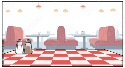 Retro diner interior with booths and checkered floor in flat cartoon style