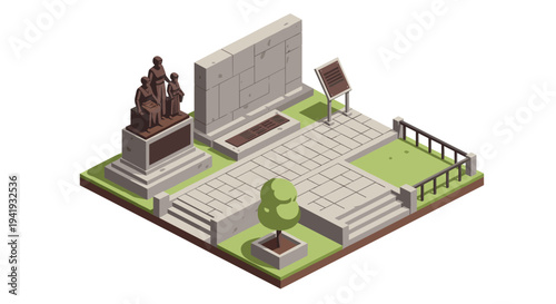 Isometric urban park monument with historical statues and green space