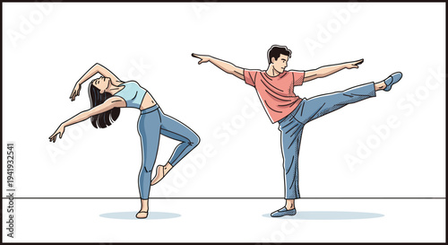 Dynamic dance duo in motion: contemporary choreography in casual attire