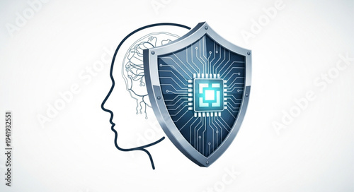 Digital Security Concept Illustration with Shield and Brain.