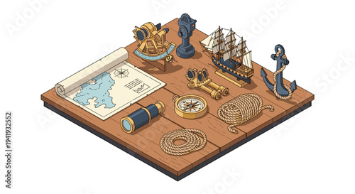 Nautical navigation tools and maritime symbols on wooden surface