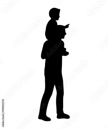Father carrying son on shoulders silhouette walking