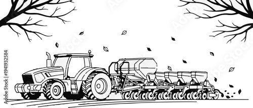 A monochrome illustration depicts a tractor pulling a multi-unit planter in a field with falling leaves