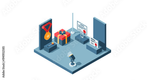 Isometric achievement room with medal, gift, and documents