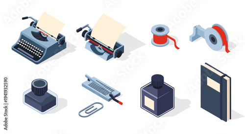 Vintage office supplies isometric set with typewriter and ink
