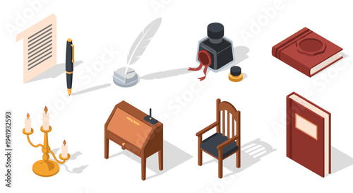 Isometric writing desk set with ink, quill, and vintage book elements