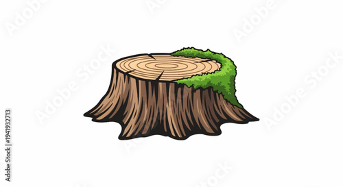 A moss-covered tree stump with visible rings and ragged base