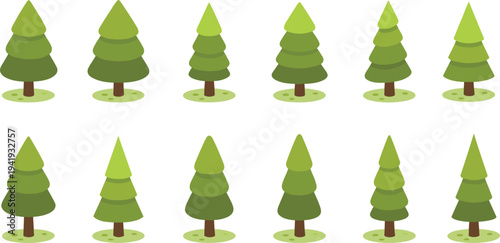 Stylized cartoon pine trees illustration with varied green foliage and trunks, arranged in rows, educational artwork for nature themes, decorative projects, and creative commercial design