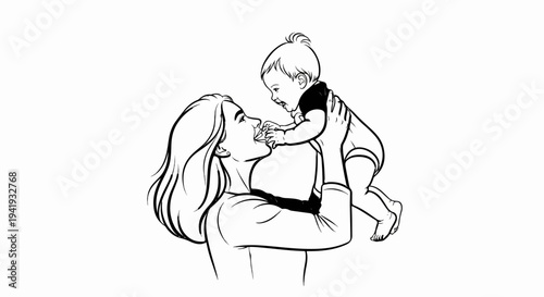 A mother holding her baby up in the air, with the baby reaching for her face