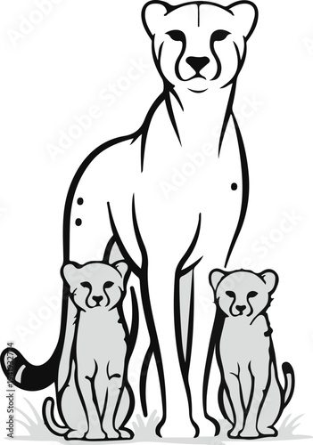 A mother cheetah sits protectively with two cubs in front of her