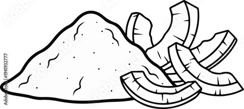 A pile of powdery substance next to several segments of a coconut fruit