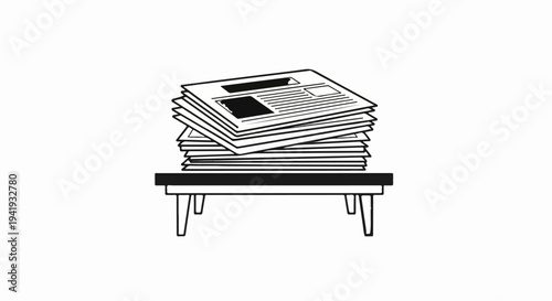 A pile of newspapers neatly stacked on a table, black and white sketch