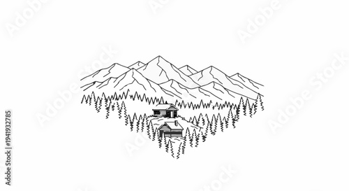 A rustic mountain landscape featuring two cabins nestled among pine trees