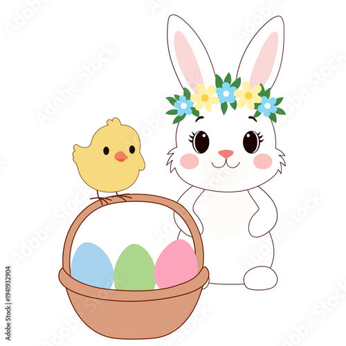 Cute Easter Bunny and Chick Character Isolated on Transparent. Cartoon Rabbit Mascot. Spring Easter Holiday Traditional Talisman Icon. Funny Tiny Happy Whimsical Bunny Animal Easter Card Invitation
