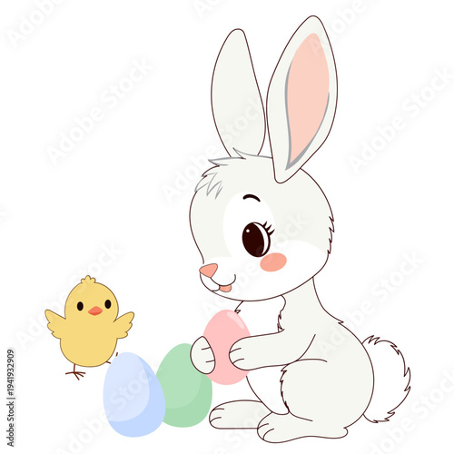 Cute Easter Bunny and Chick Character Isolated on Transparent. Cartoon Rabbit Mascot. Spring Easter Holiday Traditional Talisman Icon. Funny Tiny Happy Whimsical Bunny Animal Easter Card Invitation