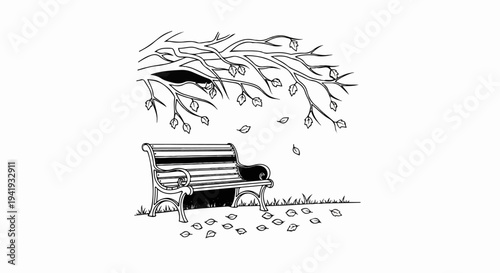A park bench sits under a tree with falling leaves