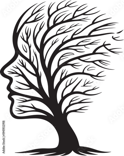 Optical illusion bare tree face woman silhouette concept