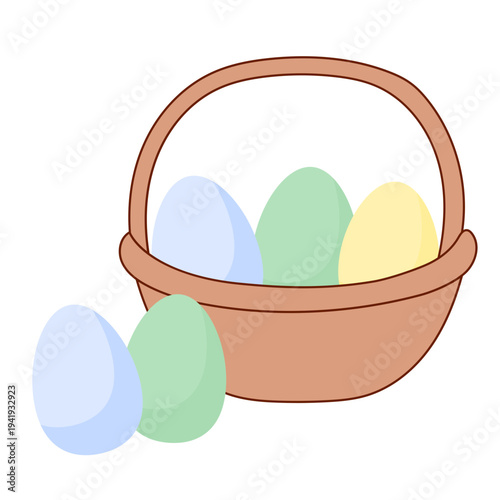 Easter Egg in Basket isolated on Transparent. Spring Easter Holiday Drawn Traditional Cartoon Talisman Icon. Funny Happy Holiday Whimsical Egg Hunt Symbol Icon