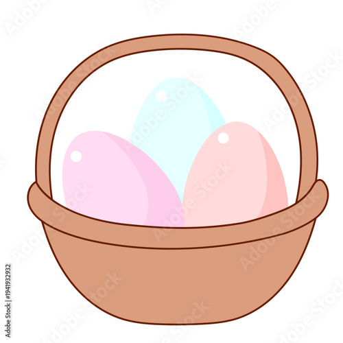 Easter Egg in Basket isolated on Transparent. Spring Easter Holiday Drawn Traditional Cartoon Talisman Icon. Funny Happy Holiday Whimsical Egg Hunt Symbol Icon