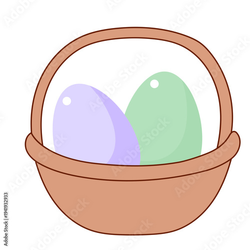 Easter Egg in Basket isolated on Transparent. Spring Easter Holiday Drawn Traditional Cartoon Talisman Icon. Funny Happy Holiday Whimsical Egg Hunt Symbol Icon