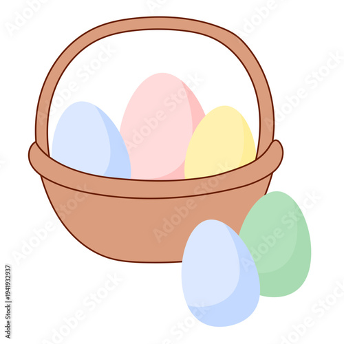 Easter Egg in Basket isolated on Transparent. Spring Easter Holiday Drawn Traditional Cartoon Talisman Icon. Funny Happy Holiday Whimsical Egg Hunt Symbol Icon