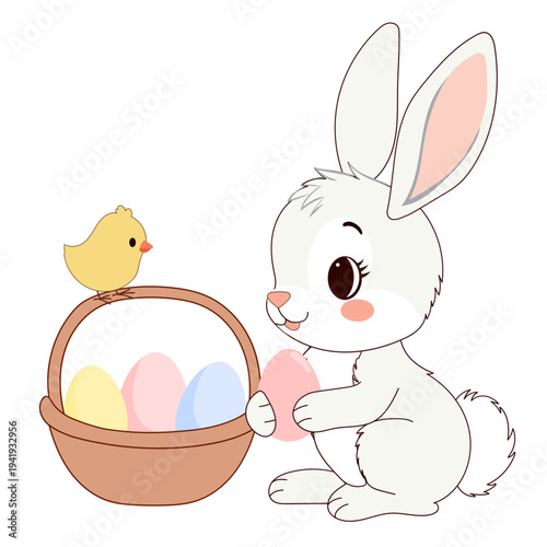 Cute Easter Bunny and Chick Character Isolated on Transparent. Cartoon Rabbit Mascot. Spring Easter Holiday Traditional Talisman Icon. Funny Tiny Happy Whimsical Bunny Animal Easter Card Invitation