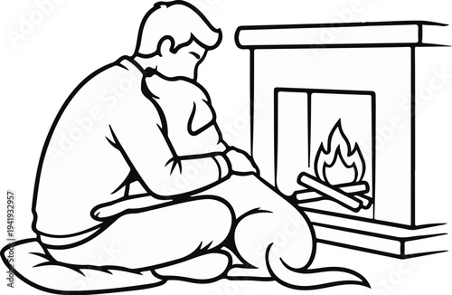 A person embracing a dog by a warm, crackling fireplace