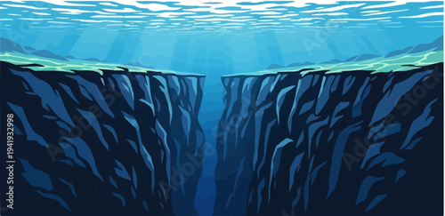 A pixel art depiction of a deep ocean trench with light rays filtering down