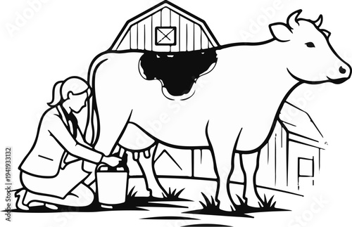A person milks a cow next to a barn in a farm setting