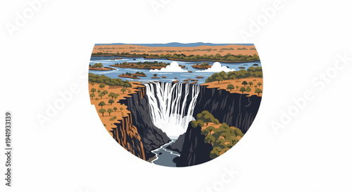A pixelated, stylized view of a large waterfall cascading into a deep gorge under a wide sky