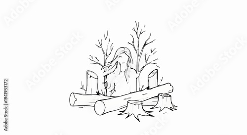 A person stands amid logs, stumps, and bare trees in a stark sketch