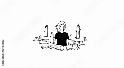 A person stands within a circle of logs and stumps, surrounded by upright posts