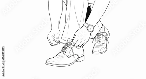 A person ties shoelaces on a classic leather shoe, wearing a watch
