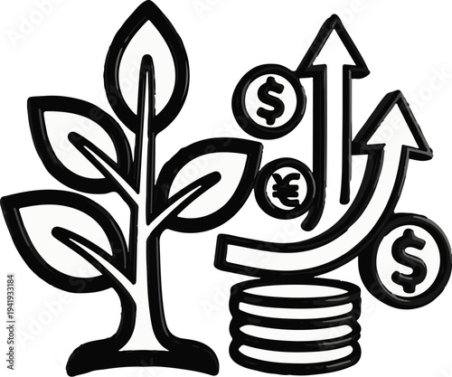 A plant with leaves and coins and upward trending arrows