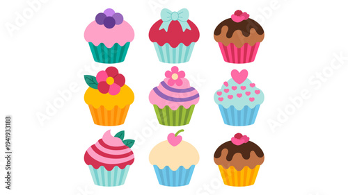 Colorful cartoon cupcakes with various decorations and toppings sweet dessert