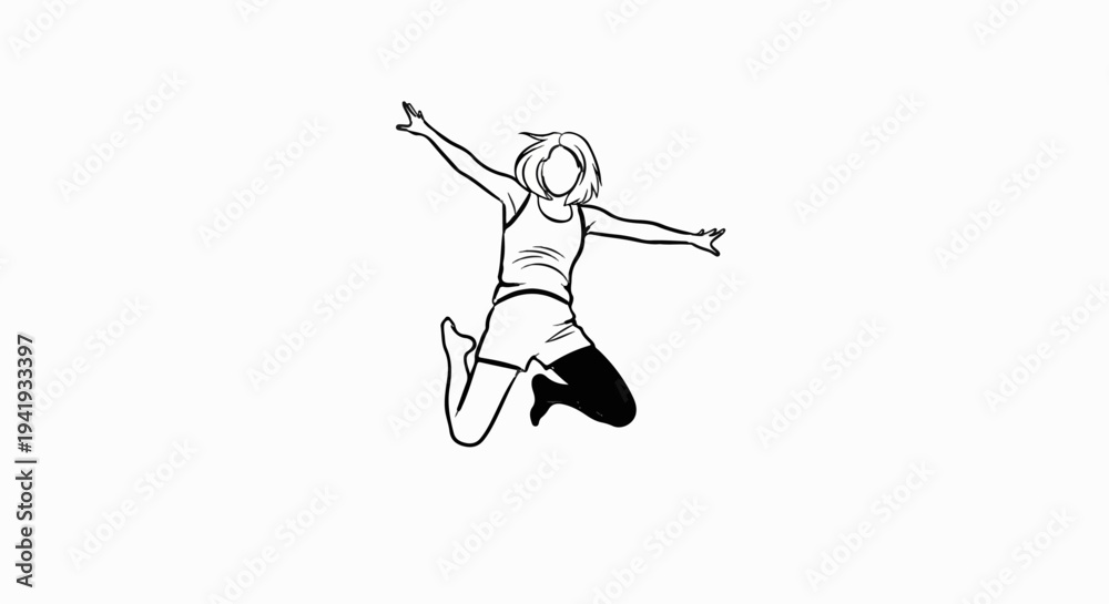 Fototapeta premium A line drawing of a woman in mid-air, arms outstretched, looking joyful