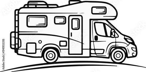 A line drawing of a recreational vehicle motorhome with windows and wheels