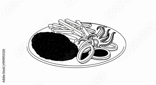 A plate of fried fish, french fries, and calamari rings with tentacles