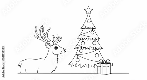 A line drawing of a reindeer gazing at a decorated Christmas tree with a gift