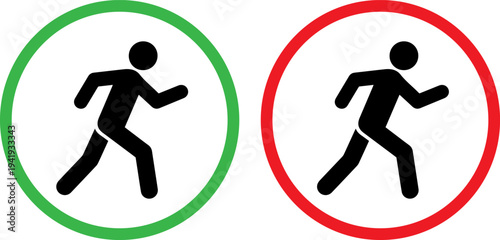 Running man icons in green and red circles for traffic or safety signs