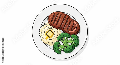A plate of grilled steak with mashed potatoes and broccoli florets