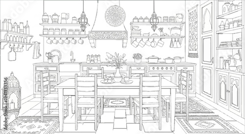 A line drawing of a rustic kitchen with a dining table