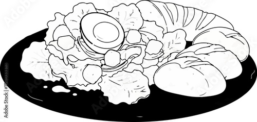 A plate of salad with a boiled egg and bread rolls, presented in a sketch style