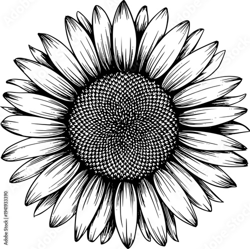 Detailed black and white line of a single sunflower bloom with intricate petal and seed head detail