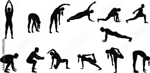 Exercise silhouette collection with stretching poses, fitness, flexibility, warm‑up, squats, lunges, planks, dynamic movement, health, lifestyle, training, workout, physical activity illustration