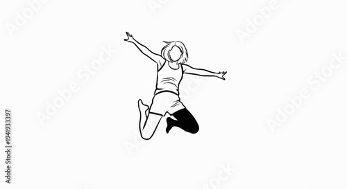 A line drawing of a woman in mid-air, arms outstretched, looking joyful