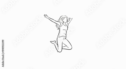 A line drawing of a woman jumping joyfully with arms outstretched